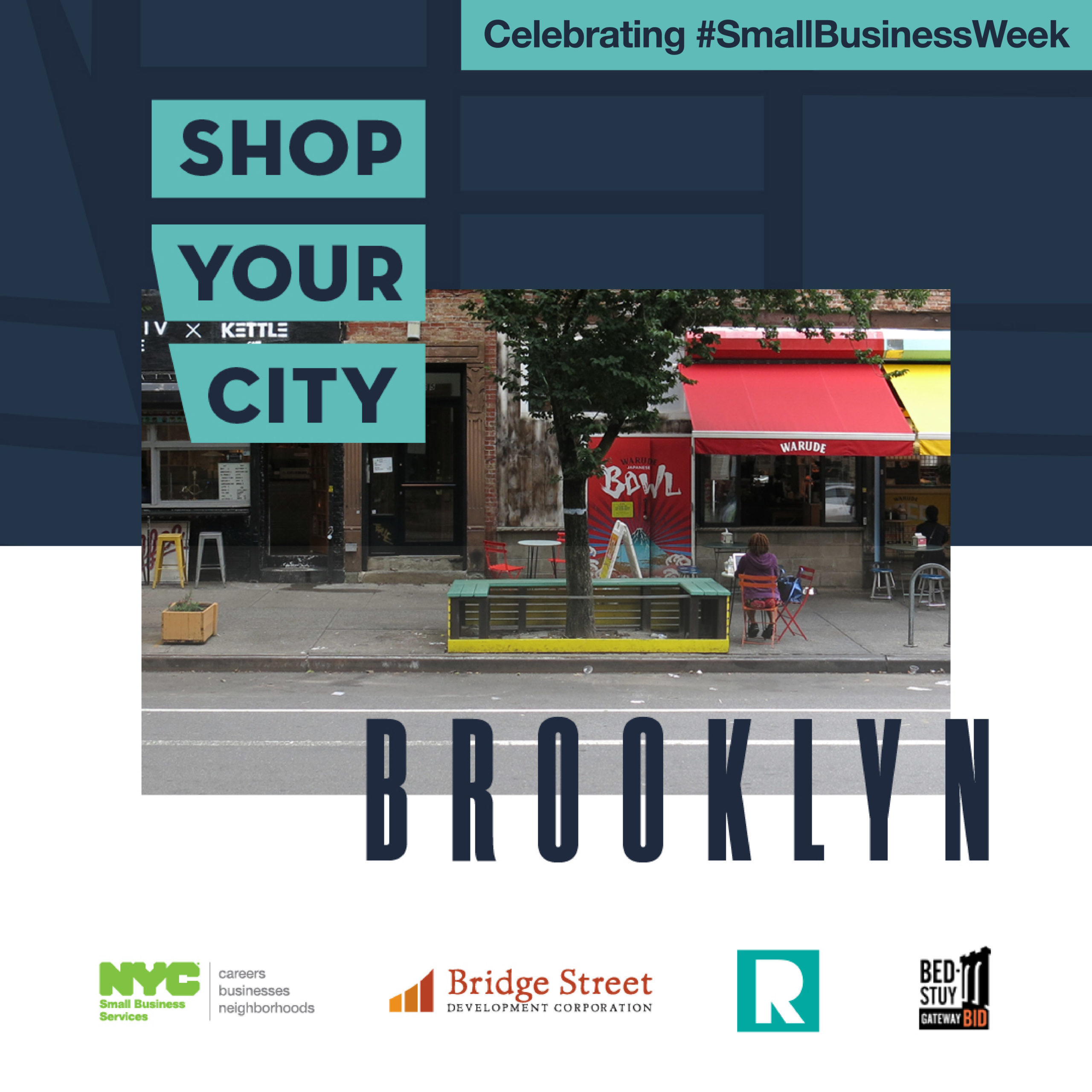 Commercial corridor on Tompkins Avenue in Brooklyn with Shop Your City Brooklyn graphic with SBS and partner logos