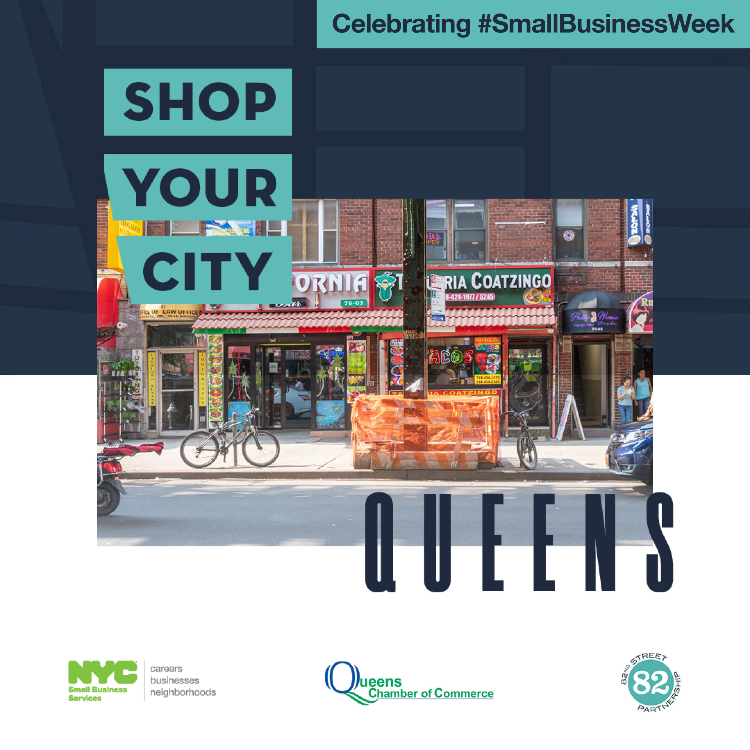 Commercial corridor on Roosevelt Avenue in Queens with Shop Your City Queens text and SBS and partner logos
