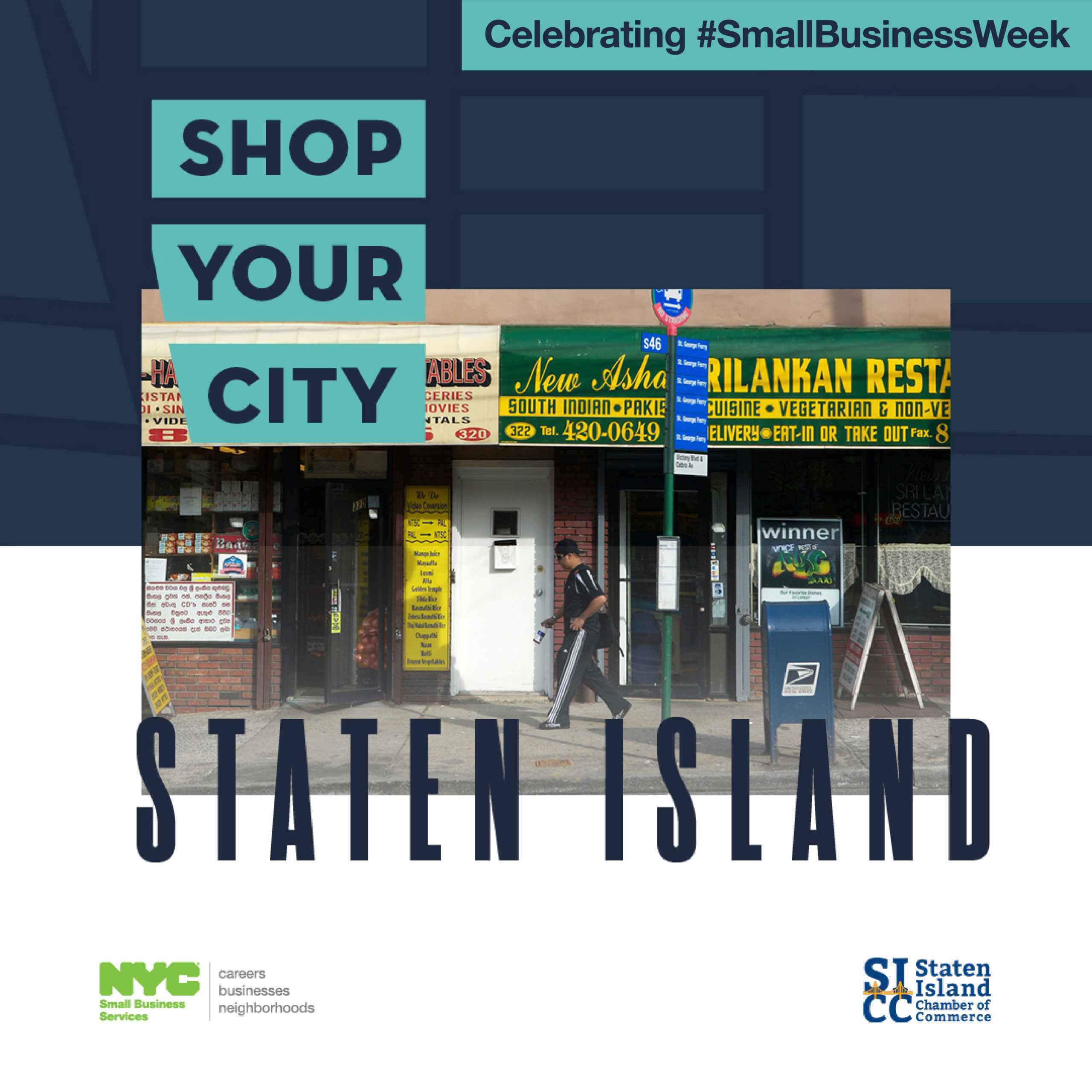 Commercial corridor on Victory Boulevard in Staten Island with Shop Your City Staten Island text and SBS and partner logos