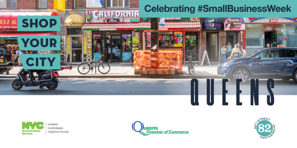 Commercial corridor on Roosevelt Avenue in Queens with Shop Your City Queens text and SBS and partner logos