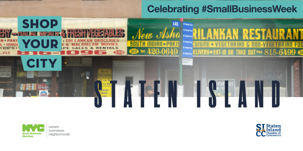 Commercial corridor on Victory Boulevard in Staten Island with Shop Your City Staten Island text and SBS and partner logos