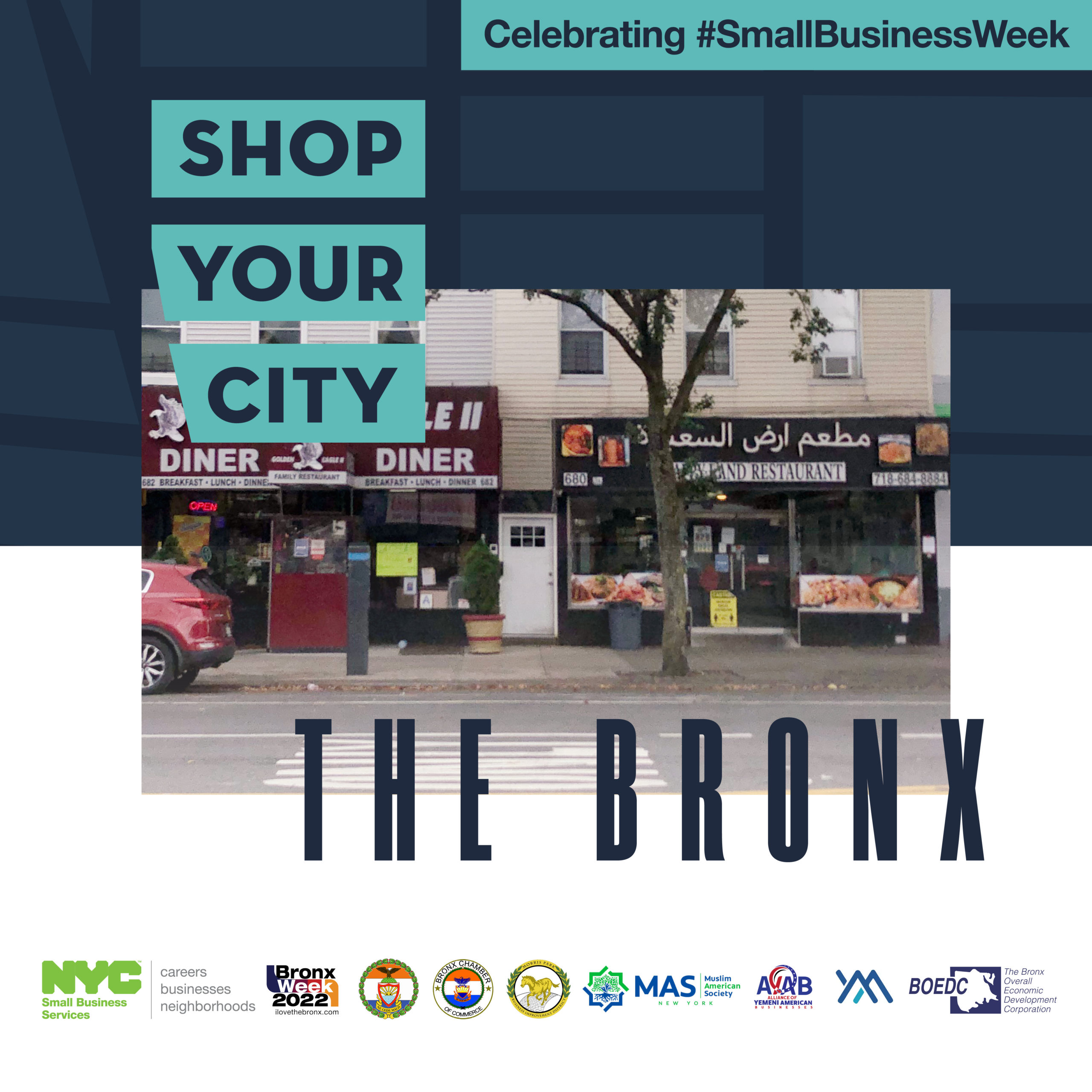 Commercial corridor on Morris Park Avenue in the Bronx with Shop Your City Bronx text and SBS and partner logos