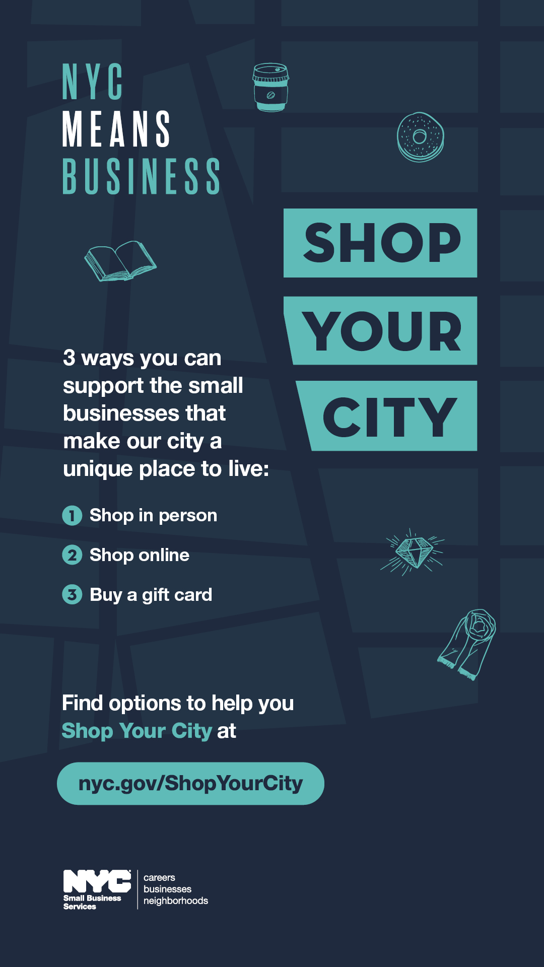 Promotional graphic for Shop Your City campaign with icons of items to purchase and text "NYC Means Business" and "Find options to help you Shop Your City"