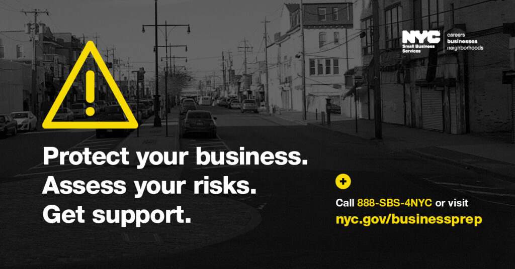 Streetscape after a storm with text "Protect your business. Assess your risks. Get support." and SBS logo and hotline