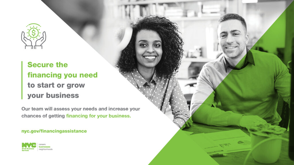 Promotional graphic for SBS financing assistance with two people sitting at a table and text "Secure the financing you need to start or grow your business"