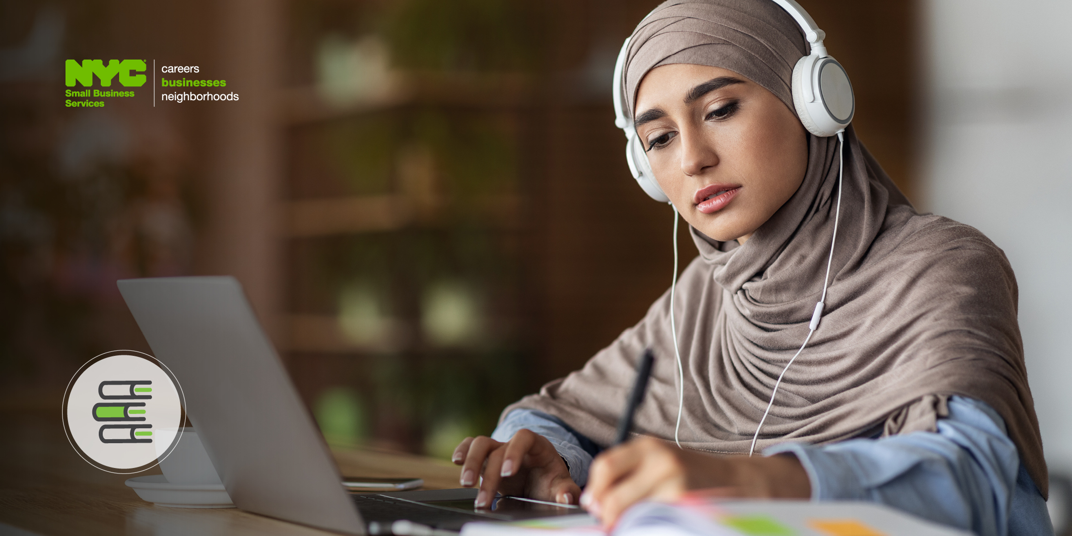 Graphic featuring a photo of an adult woman with headphones on taking notes while looking at a laptop screen with SBS logo and icon of books