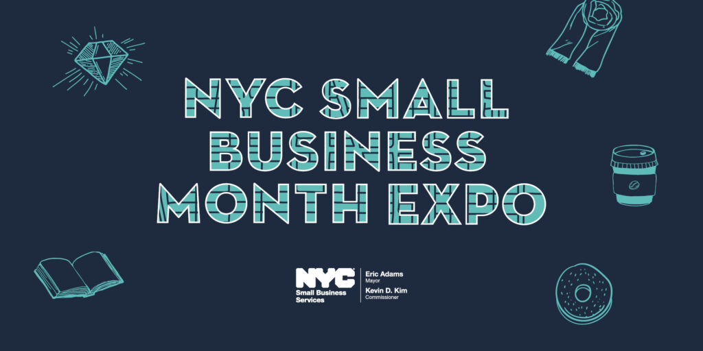 Promotional graphic with icons of items to purchase with SBS logo and text "NYC Small Business Month Expo"