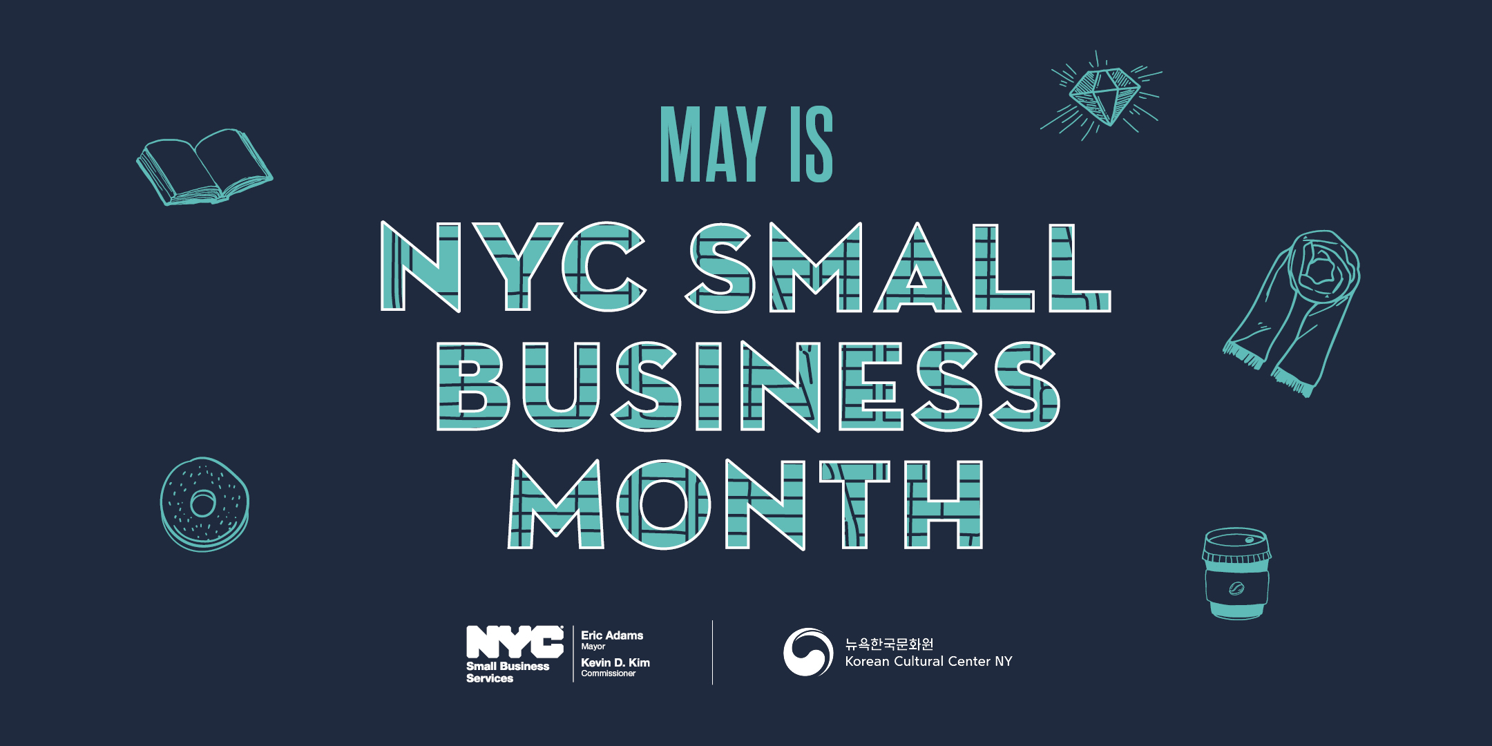 Promotional graphic with icons of items to purchase, SBS and Korean Cultural Center of New York logos, and text "May is NYC Small Business Month"