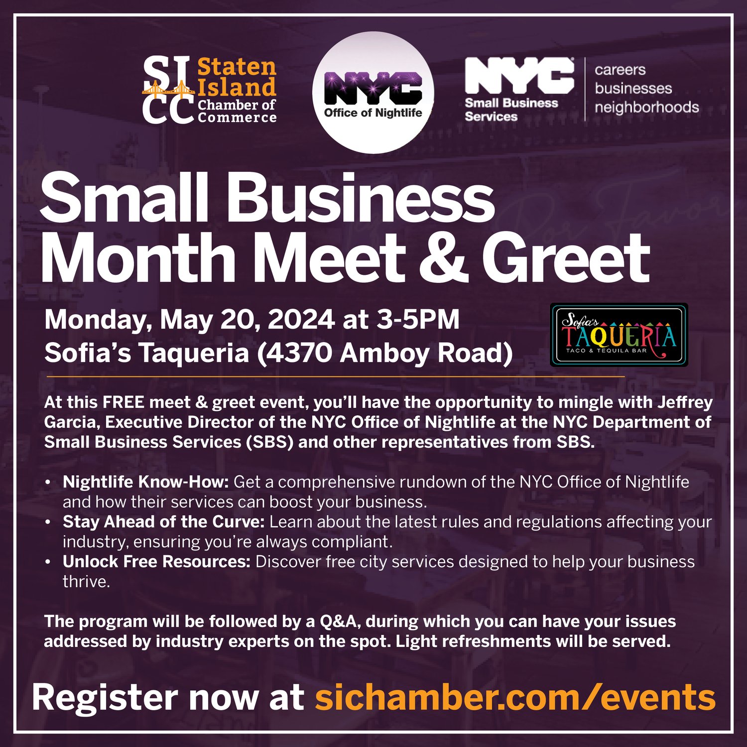 graphic promoting Small Business Month Meet & Greet with Staten Island Chamber of Commerce, NYC Office of Nightlife, and NYC Department of Small Business Services logos