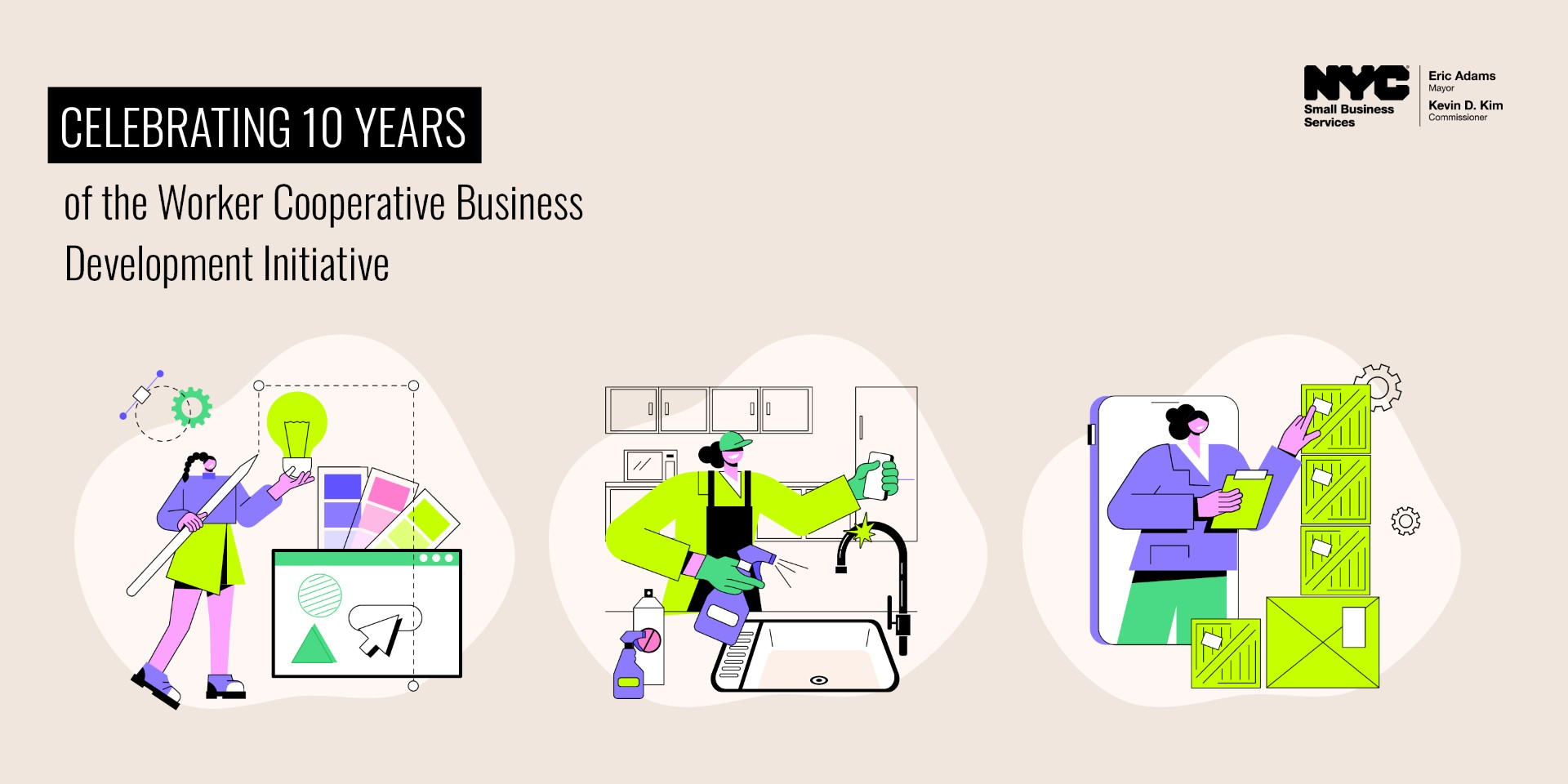 Graphic featuring illustrations of three different types of businesses with SBS logo and text "Celebrating 10 Years of the Worker Cooperative Business Development Initiative"