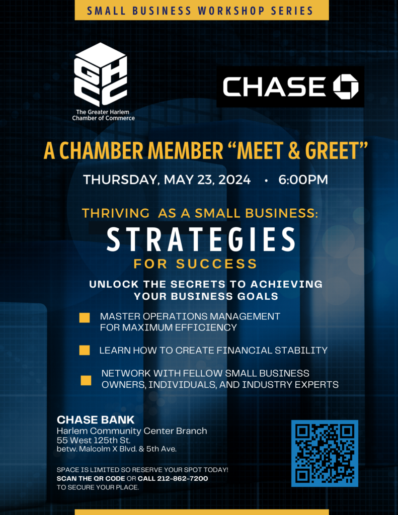 Flyer for Greater Harlem Chamber of Commerce workshop at Chase Bank