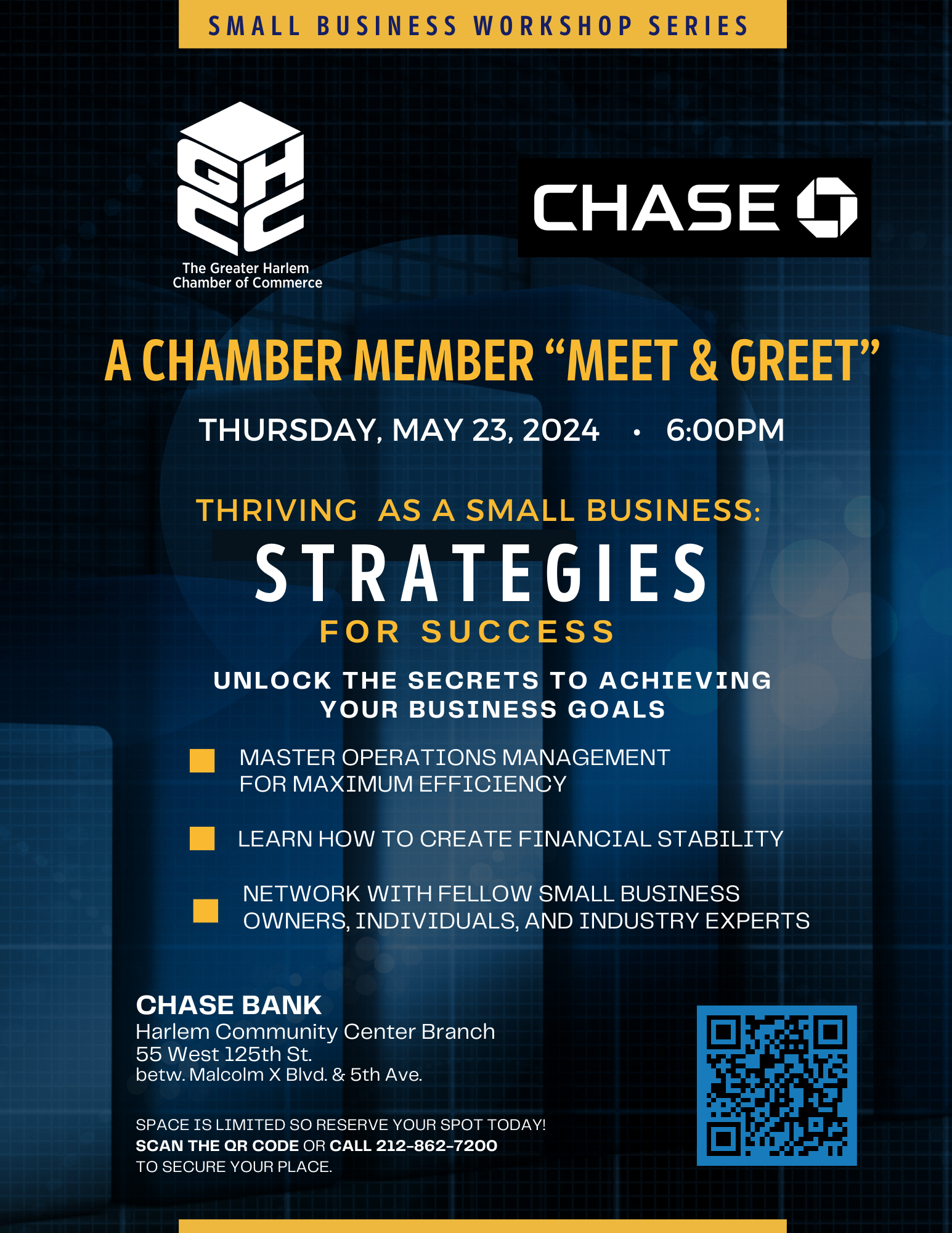 Flyer for Greater Harlem Chamber of Commerce workshop at Chase Bank