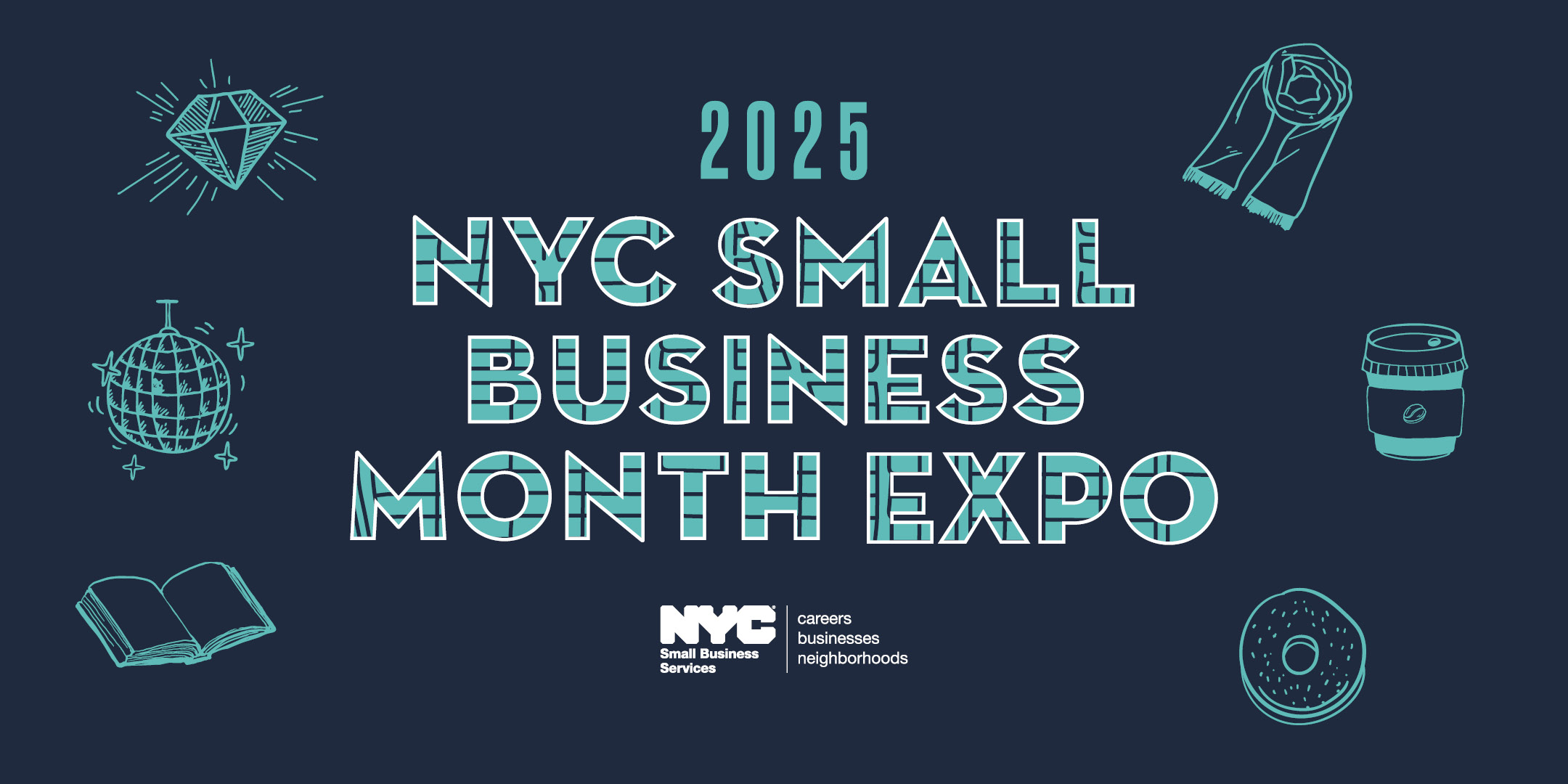 Graphic with icons of items to purchase with S B S logo and text "2025 N Y C Small Business Month Expo"
