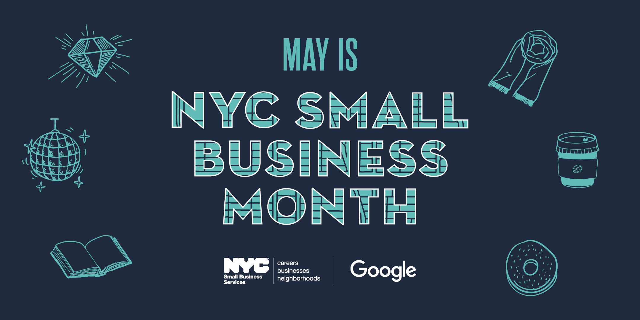 Graphic with icons of items to purchase with S B S and Google logos and text "May is N Y C Small Business Month"