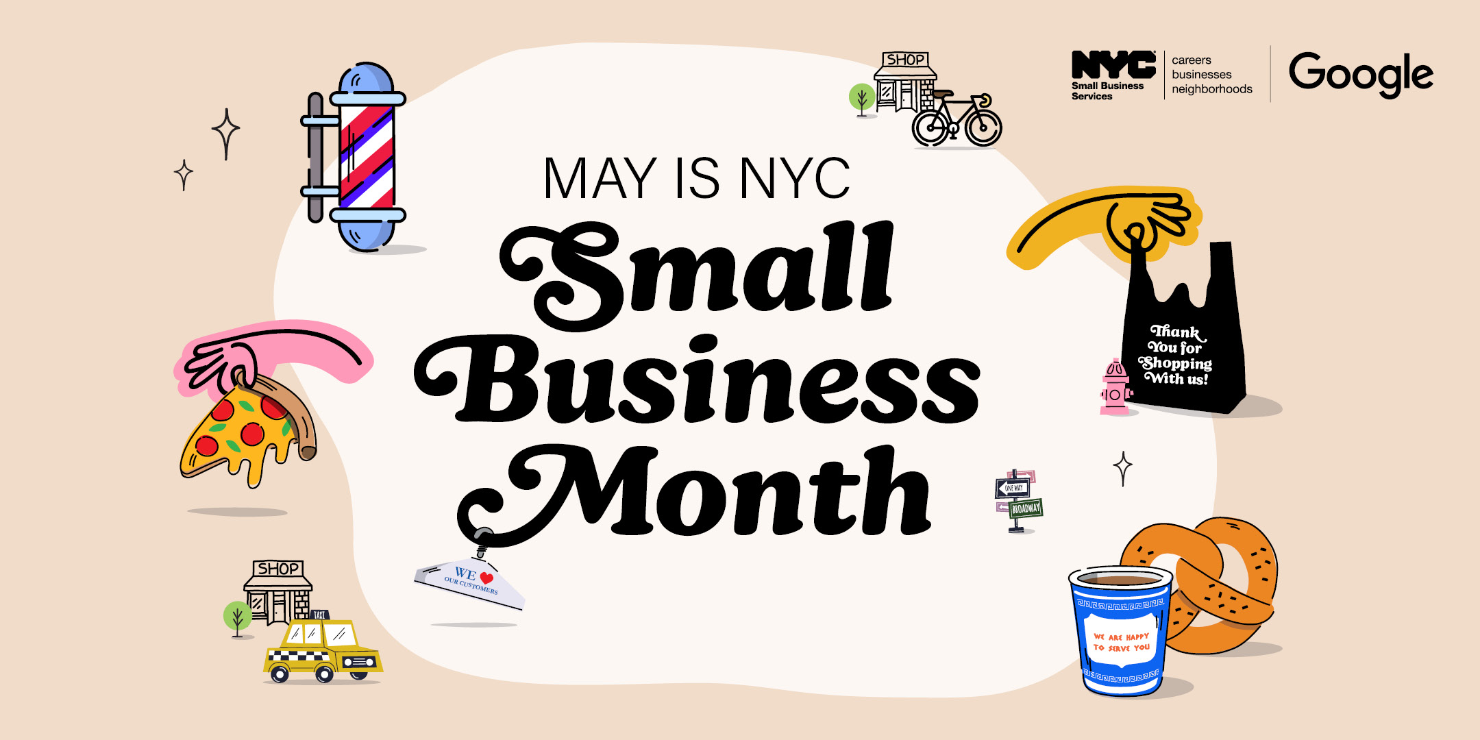 Promotional graphic with icons of items to purchase and text "May is NYC Small Business Month"