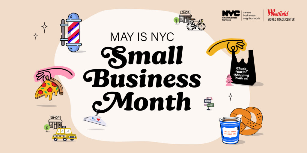 Promotional graphic with icons of items to purchase and text "May is NYC Small Business Month"