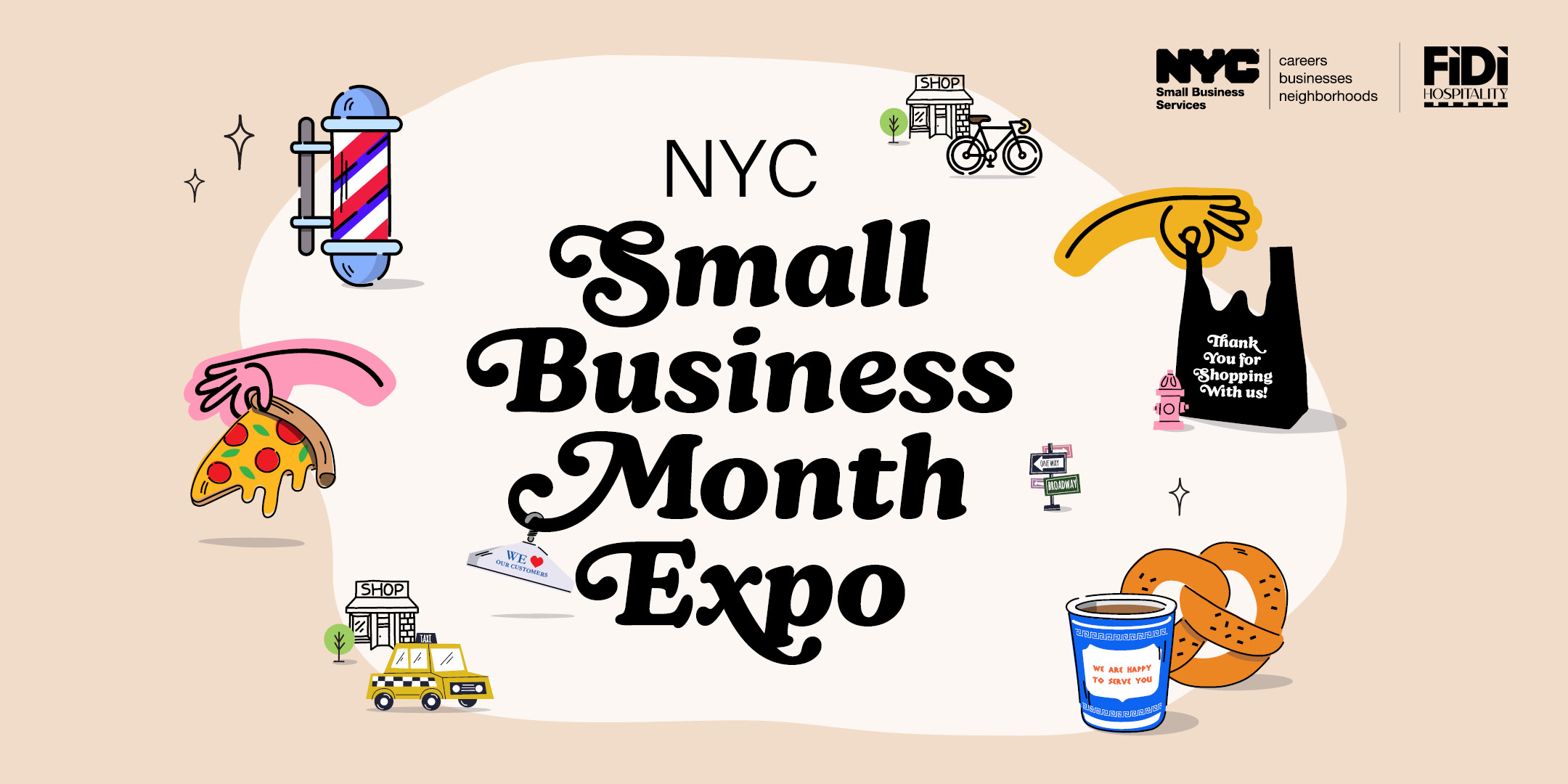 NYC Small Business Month Expo announcement with date May 28, 2026, featuring icons of pizza, coffee, bagel, barber pole, and shopping bag.