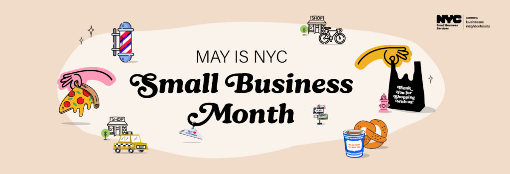 Promotional graphic with icons of items to purchase and text "May is NYC Small Business Month"