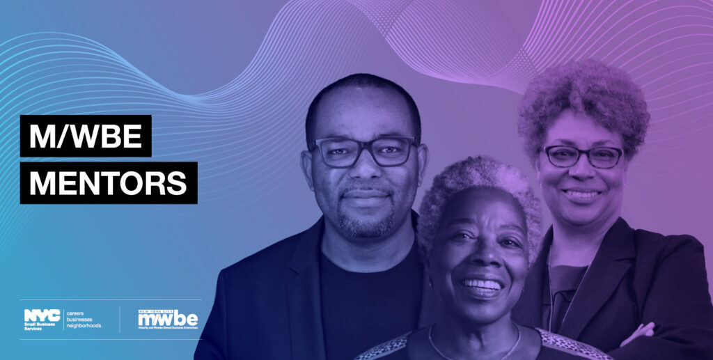 Three diverse professionals posing against a blue and purple gradient background with 'M/WBE Mentors' text beside them.
