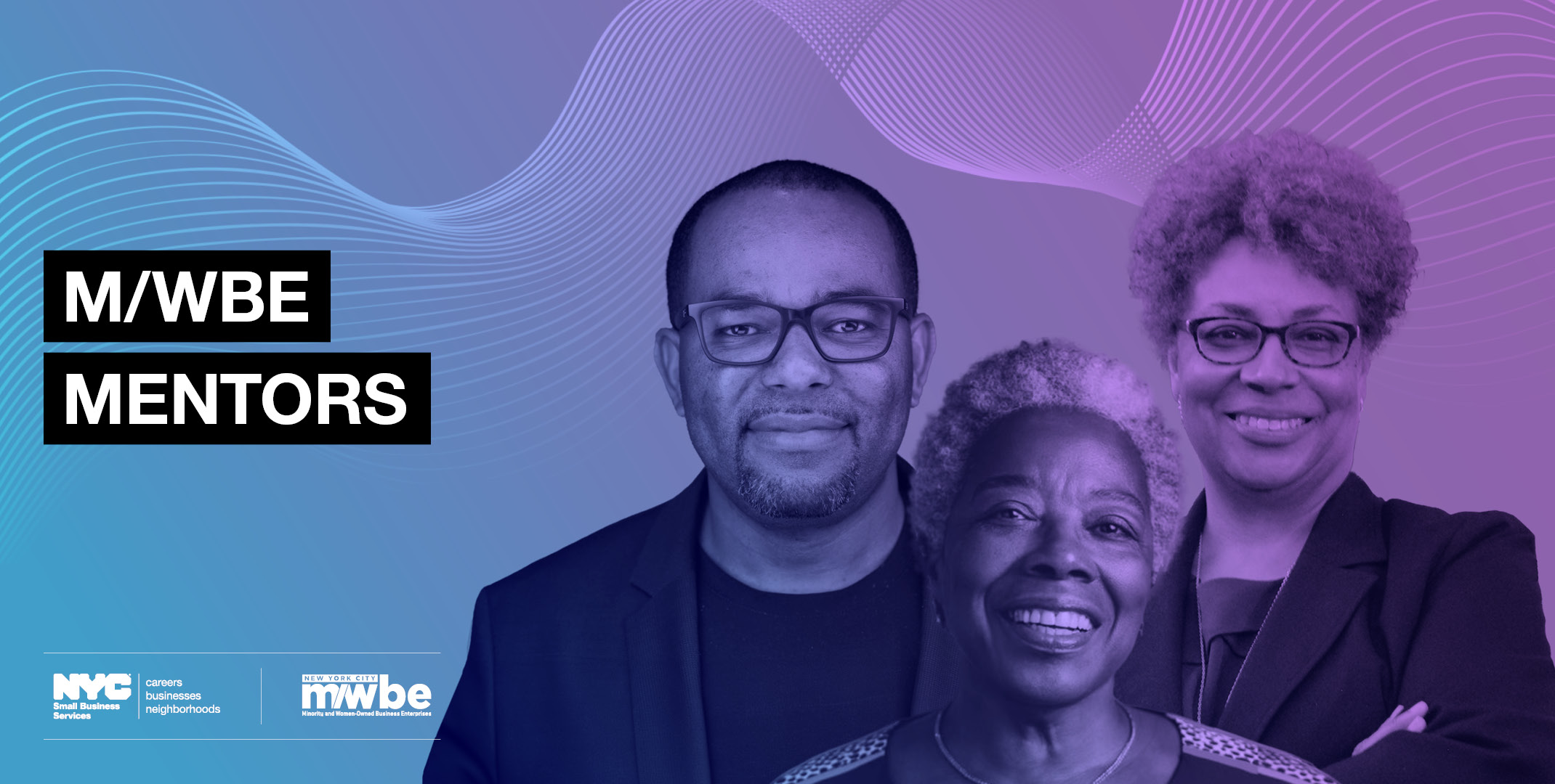 Three diverse professionals posing against a blue and purple gradient background with 'M/WBE Mentors' text beside them.